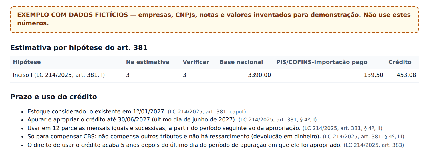 Trecho do relatório do Crédito sobre o estoque de uma autopeças fictícia: estimativa pelo inciso I do art. 381, com base nacional, PIS/COFINS-Importação pago e crédito estimado, e os prazos de uso do crédito